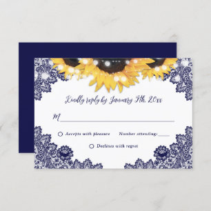 Navy Blue Rustic Chic Lace Sunflower Wedding RSVP Card