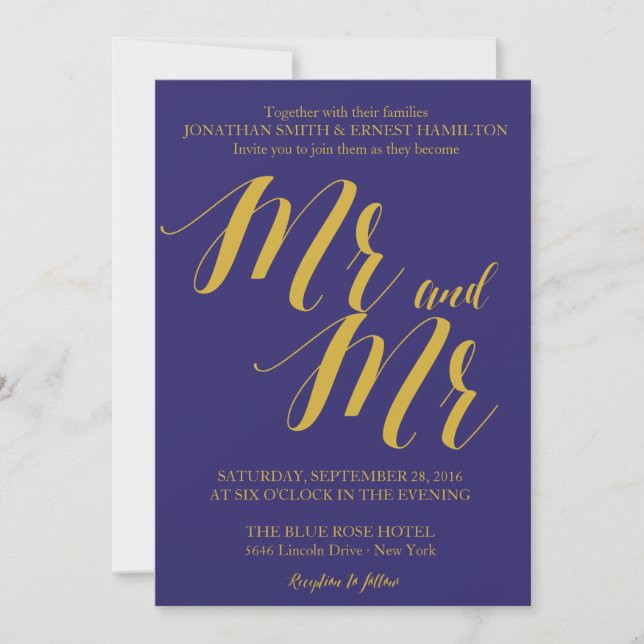 Navy Blue Rustic Chic Mr and Mr Gay Wedding Invitation (Front)