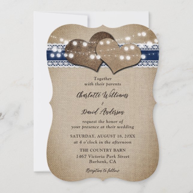 Navy Blue Rustic Country Burlap Lace Wedding Invitation (Front)