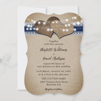 Navy Blue Rustic Country Burlap Lace Wedding Invitation