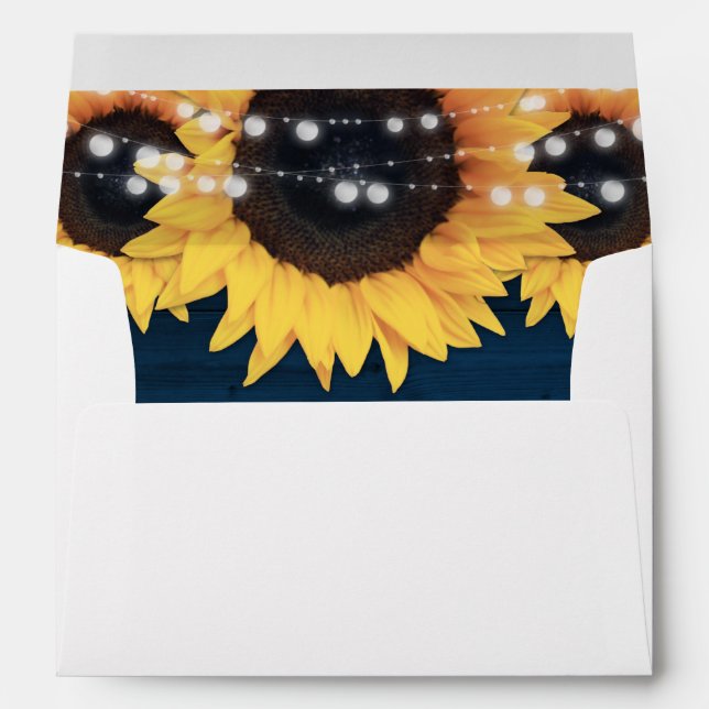 Navy Blue Rustic Country Wood Lights Sunflowers Envelope (Back (Bottom))