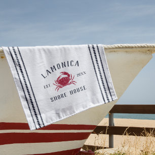Navy Blue Rustic Crab Personalised Shore House Beach Towel