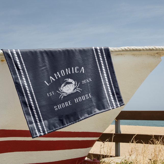 Navy Blue Rustic Crab Personalised Shore House Beach Towel (Creator Uploaded)