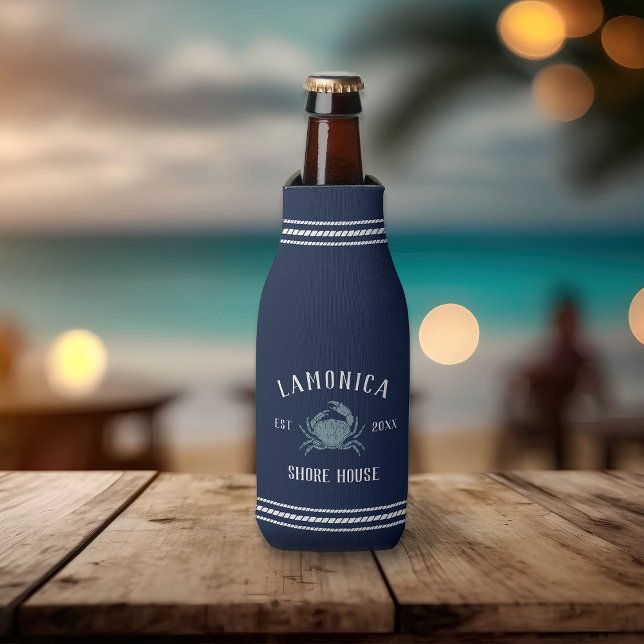 Navy Blue Rustic Crab Personalised Shore House Bottle Cooler (Creator Uploaded)