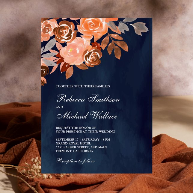 Navy Blue Rustic Earthy Terracotta Floral Wedding Invitation (Creator Uploaded)