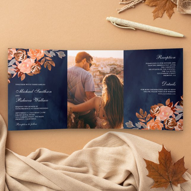 Navy Blue Rustic Earthy Terracotta Floral Wedding Tri-Fold Invitation (Creator Uploaded)