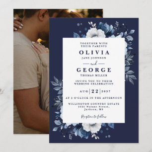 Navy Blue Rustic Elegant Floral Photo Wedding Invitation