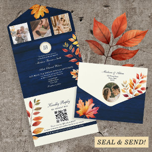 Navy Blue Rustic Fall Wedding  All In One Invitation