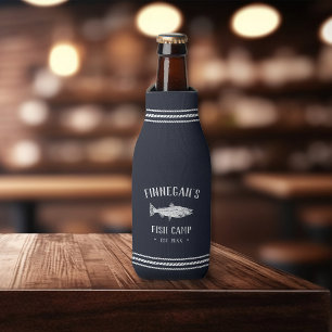 Navy Blue Rustic Fishing Cabin Personalized Bottle Cooler