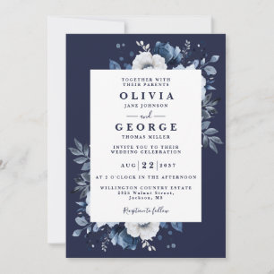 Navy Blue Rustic Floral All In One Wedding Invitation