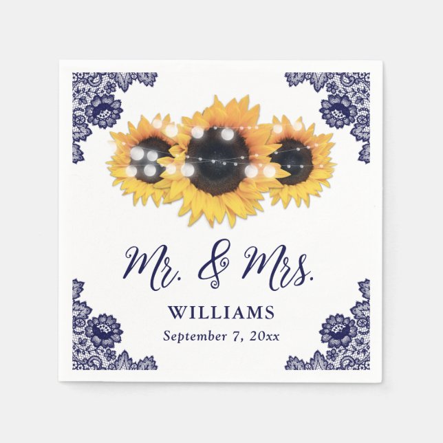Navy Blue Rustic Floral Lace Sunflower Wedding Napkin (Front)