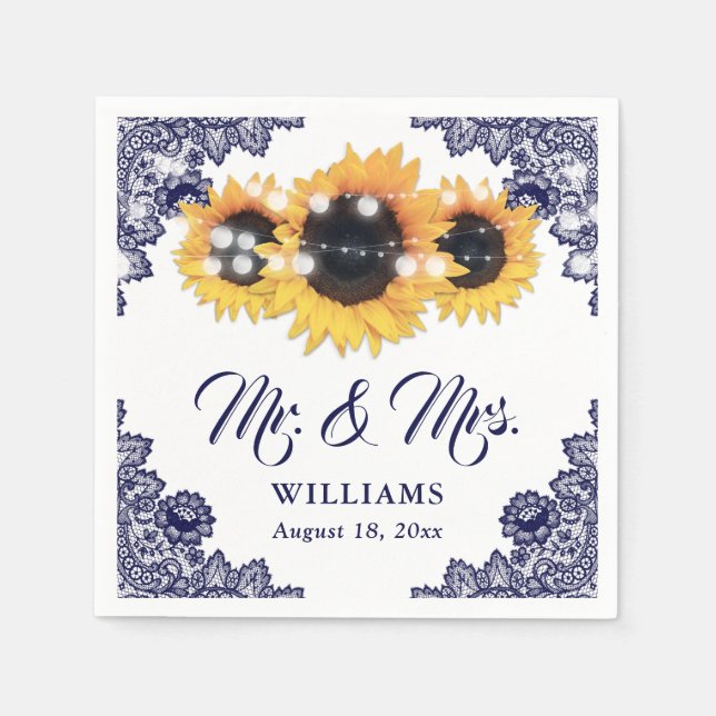 Navy Blue Rustic Floral Lace Sunflower Wedding Napkin (Front)