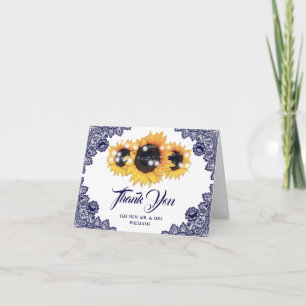 Navy Blue Rustic Floral Lace Sunflower Wedding Thank You Card