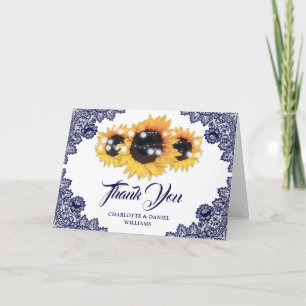 Navy Blue Rustic Floral Lace Sunflower Wedding Thank You Card