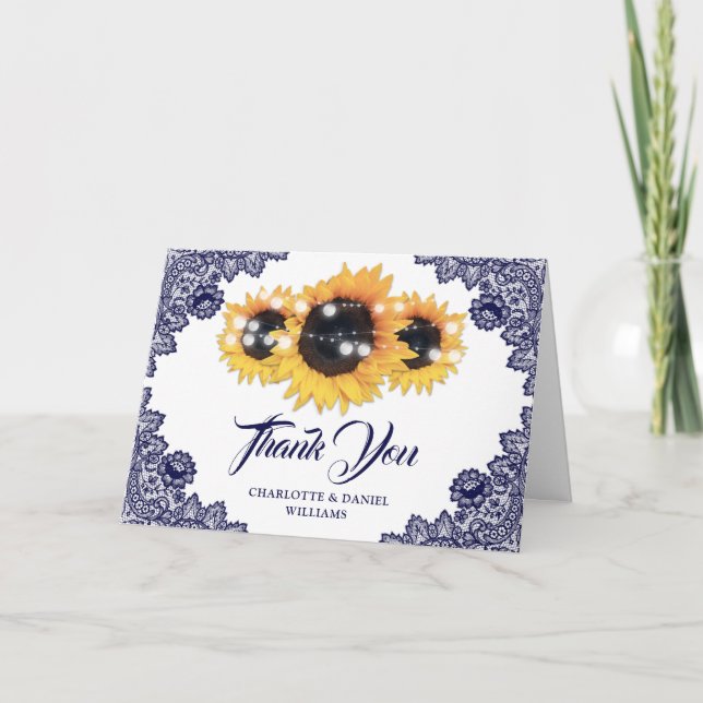 Navy Blue Rustic Floral Lace Sunflower Wedding Thank You Card (Front)