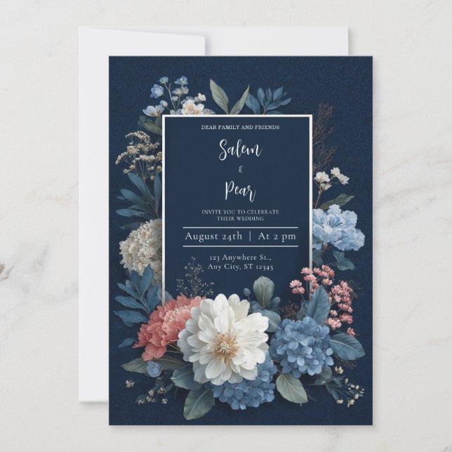 Navy Blue Rustic Floral Wedding Invitation (Front)