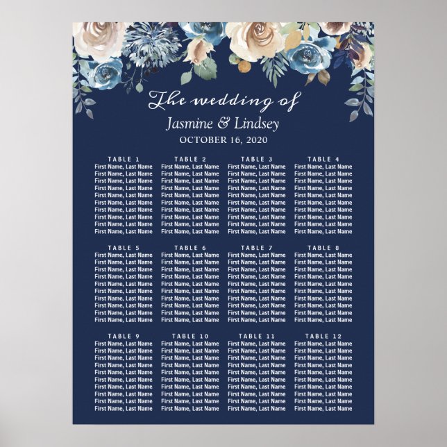 Navy Blue Rustic Floral Wedding Seating Chart (Front)