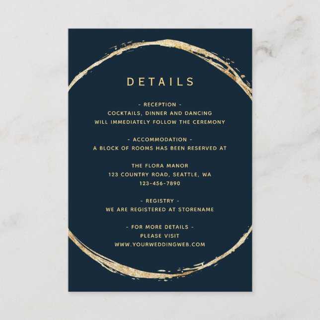 Navy Blue Rustic Gold Circle Wedding Details Enclosure Card (Front)