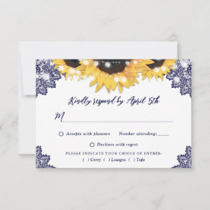 Navy Blue Rustic Lace Sunflower Wedding RSVP Card