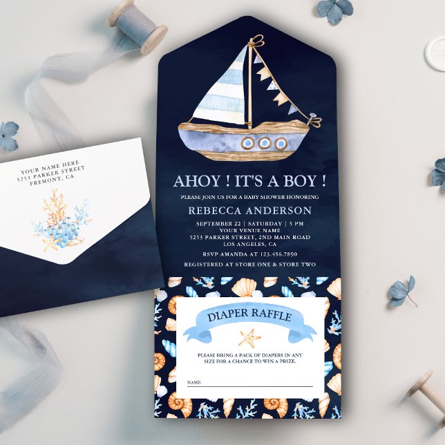 Navy Blue Rustic Nautical Sailboat Baby Shower All In One Invitation (Creator Uploaded)