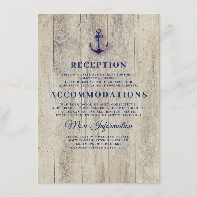 Navy Blue Rustic Nautical Wedding Details Enclosure Card (Front)