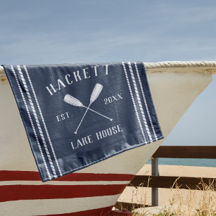 Navy Blue Rustic Oars Personalised Lake House Beach Towel