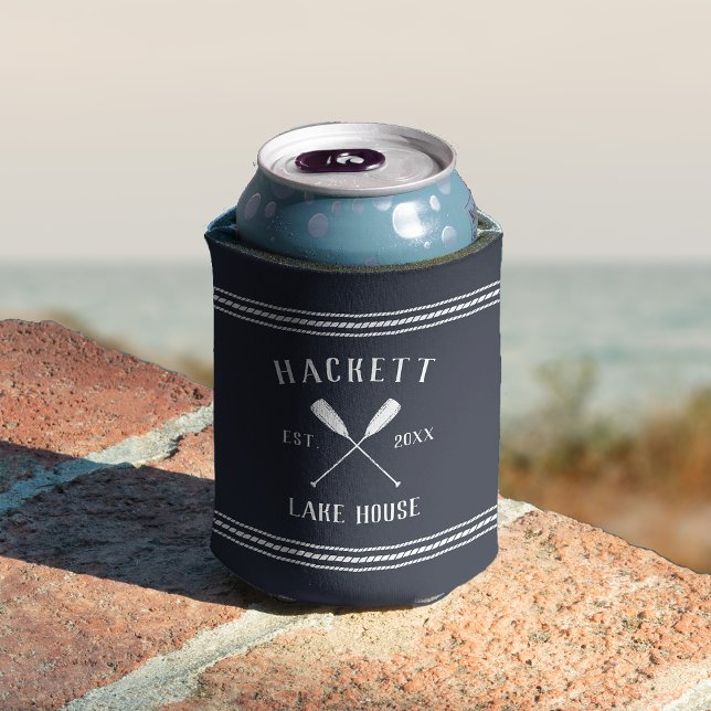 Navy Blue Rustic Oars Personalised Lake House Can Cooler (Creator Uploaded)