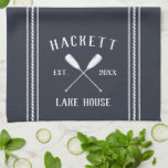 Navy Blue Rustic Oars Personalised Lake House Tea Towel<br><div class="desc">Customise your lake house kitchen with this cute personalised towel featuring your family name or house name and year established in white lettering accented with a pair of oars on a rich navy blue background.</div>