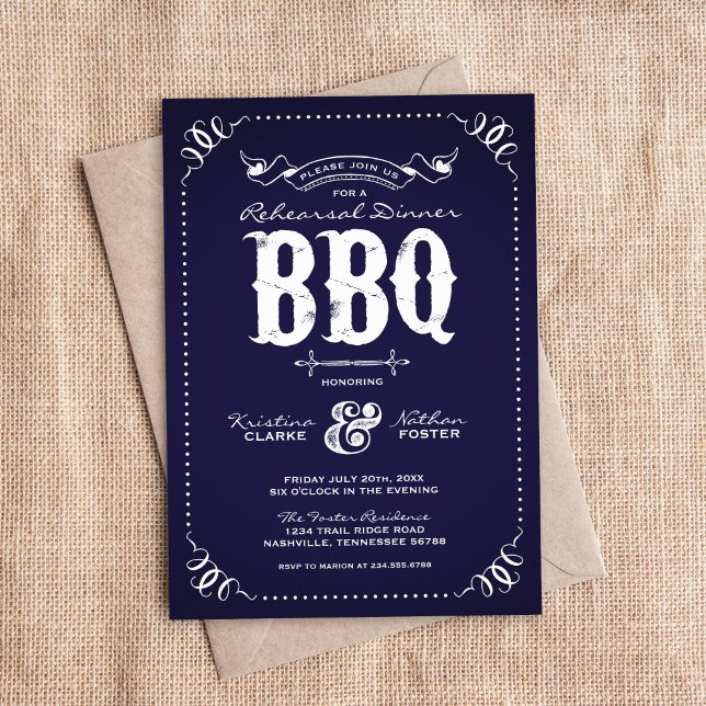 Navy Blue Rustic Rehearsal Dinner BBQ Invitation (Creator Uploaded)