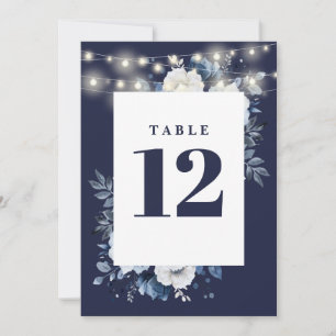 Navy Blue Rustic String Lights Floral Table Number