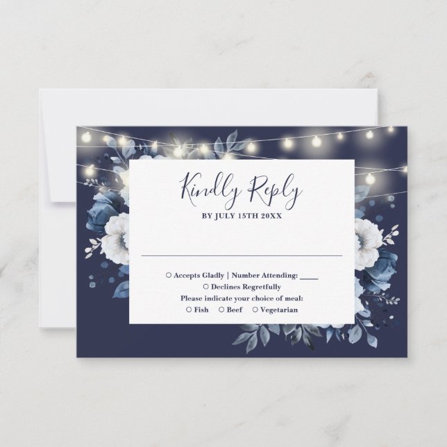 Navy Blue Rustic String Lights Floral Wedding RSVP Card (Front)