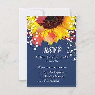 Navy Blue Rustic Sunflower Fall Wedding RSVP Cards