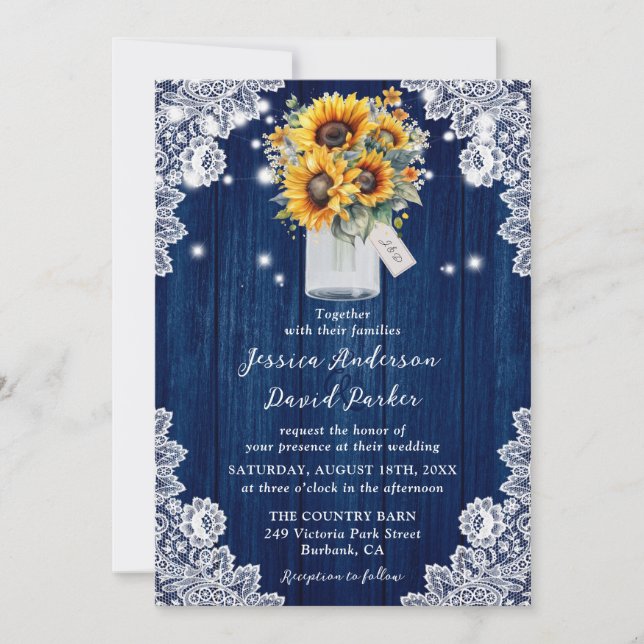 Navy Blue Rustic Sunflower Mason Jar Wood Wedding Invitation (Front)