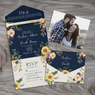 Navy Blue Rustic Sunflower Wedding All In One Invitation