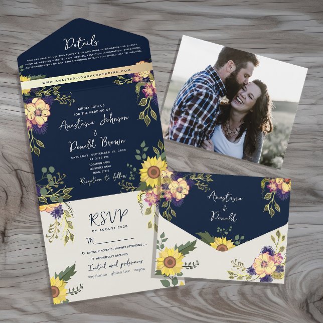 Navy Blue Rustic Sunflower Wedding All In One Invitation (Creator Uploaded)