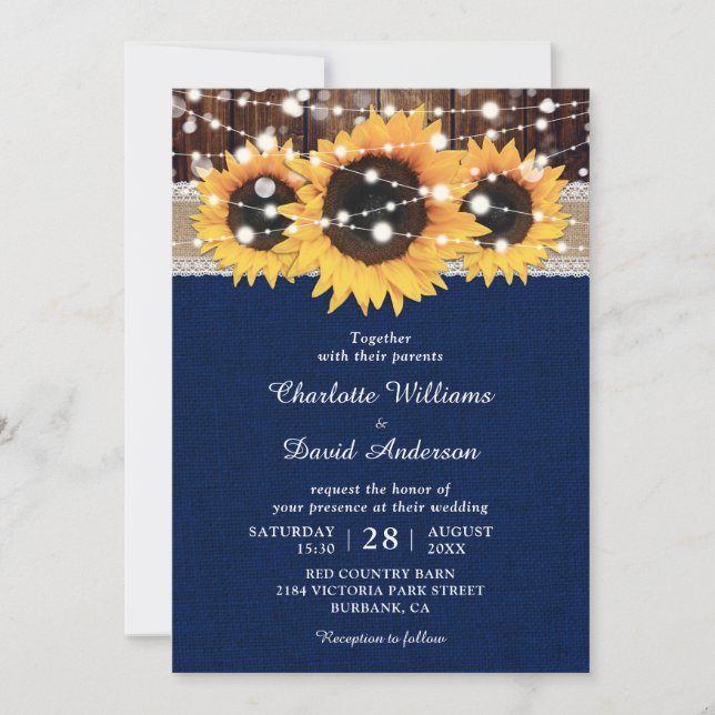 Navy Blue Rustic Sunflower Wedding Invitation (Front)