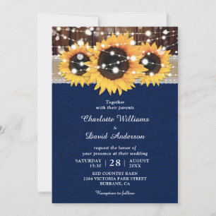 Navy Blue Rustic Sunflower Wedding Invitation