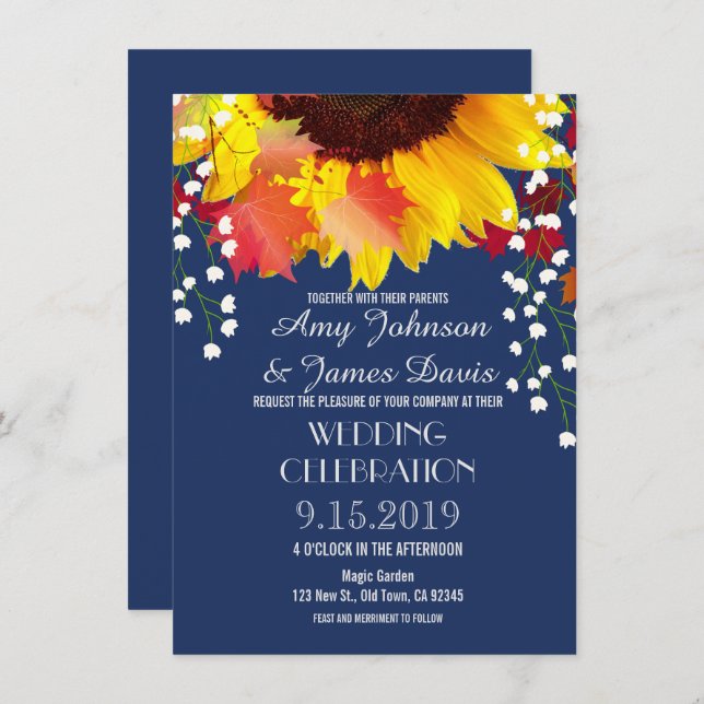 Navy Blue Rustic Sunflower Wedding Invitations (Front/Back)