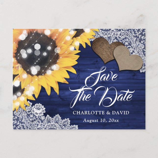 Navy Blue Rustic Sunflower Wedding Save The Date Announcement Postcard (Front)