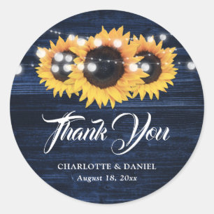 Navy Blue Rustic Sunflower Wedding Thank You Classic Round Sticker