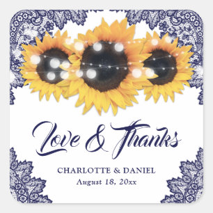 Navy Blue Rustic Sunflower Wedding Thank You Square Sticker