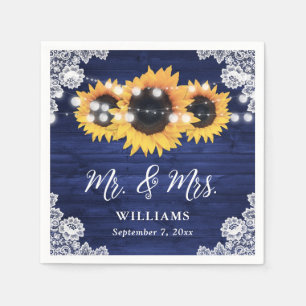 Navy Blue Rustic Sunflower Wood Lace Wedding Napkin