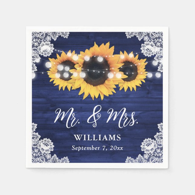 Navy Blue Rustic Sunflower Wood Lace Wedding Napkin (Front)