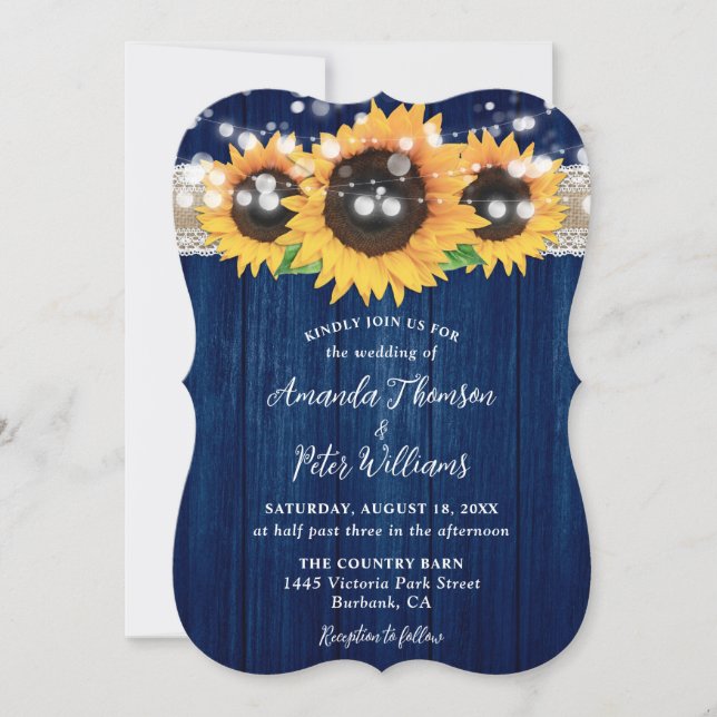 Navy Blue Rustic Sunflower Wood Wedding Invitation (Front)