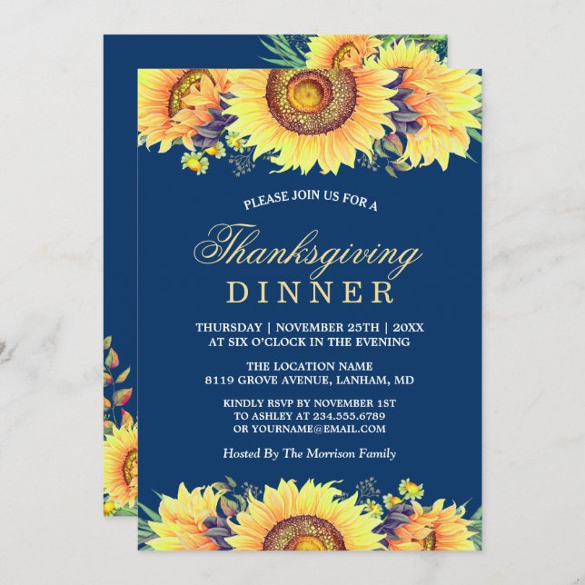 Navy Blue Rustic Sunflowers Thanksgiving Dinner Invitation (Front/Back)