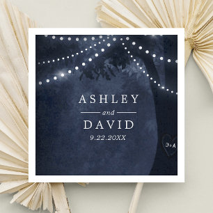 Navy Blue Rustic Tree Lights Initials Wedding Napkin