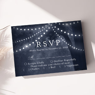 Navy Blue Rustic Tree Lights Wedding RSVP Card