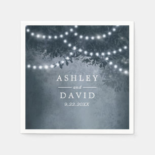 Navy Blue Rustic Tree String Lights Wedding Napkin