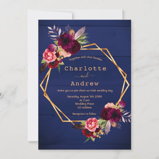 Navy blue rustic wall burgundy florals wedding invitation (Front)
