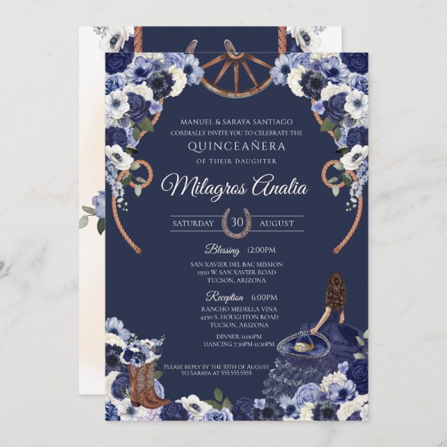 Navy Blue Rustic Western Charro Quinceanera  Invitation (Front/Back)